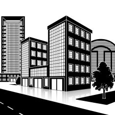silhouette office building with an entrance and reflection N19