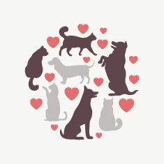 Cats and dogs vector silhouette round composition