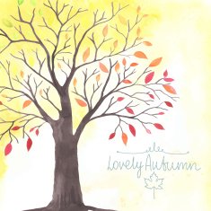 Watercolor Autumn tree with falling down leaves