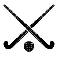 Two black silhouettes sticks for field hockey and ball