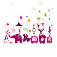 colorful circus carnival traveling in one row on white background
