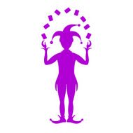 Purple silhouette of joker playing with cards