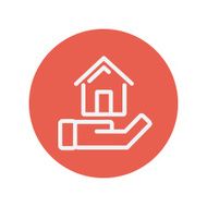 Hand holding house thin line icon