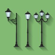 Icon set of three streetlights or lanterns Flat style