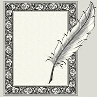 Feather quill pen and ornate frame N2
