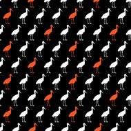 Vector Red White Crane Silhouettes on Black Seamless Pattern N2