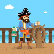 Pirate Filibuster captain at helm of ship