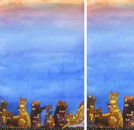 Night cat city in watercolor 2 vertical backgrounds