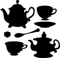 Set isolated icon teapots teacups teaspoon saucer and sugar N2