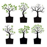 Set of black vector tree and green leafs