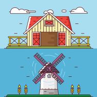 Vector linear flat rural landscapes Granary and windmill