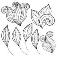 Vector Set of Monochrome Contour Flowers and Leaves N7