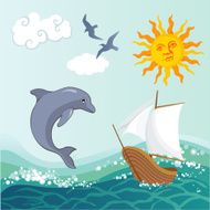 Summer background with a sea ship and dolphin