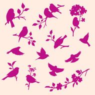 set of decorative bird and twig silhouettes