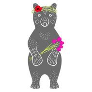 Standing grey bear cartoon animal with flowers N2