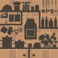 Restaurant and kitchen silhouettes on tiled background