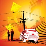 grunge City Skyline and 50's retro car silhouette illustration