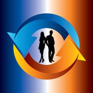 businessman and businesswoman on background with arrowsa - ?