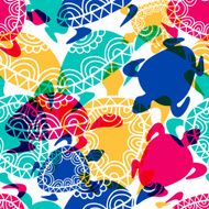Vector seamless pattern with transparent multicolor ornamental turtles N2