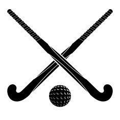 Two black silhouettes sticks for field hockey and ball