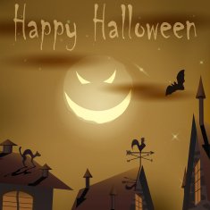 Halloween night evil moon above houses