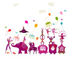 colorful circus carnival traveling in one row on white background