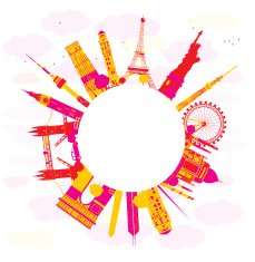 Bright Travel concept around the world with famous landmarks