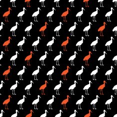 Vector Red White Crane Silhouettes on Black Seamless Pattern N2