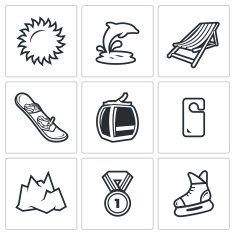 Holidays at seaside and in the mountains icons set