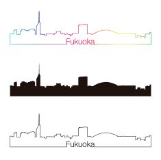 Fukuoka skyline linear style with rainbow