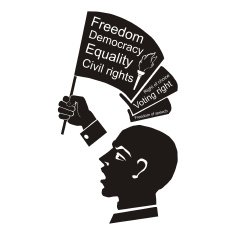 political speech speaker with flag in hand civil rights