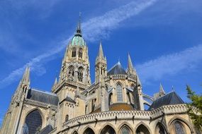 top part of Cathedral of Our Lady at sky, france, bayeux