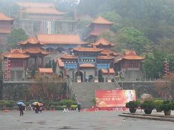 foggy panorama of a temple in China