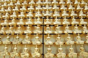 lot of golden figures of buddha at wall, thailand, phra dhammakaya temple