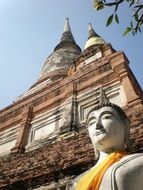 Buddha statue on the background of the facade of a temple in Thailand