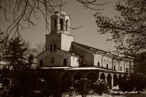 old church with roofed porch