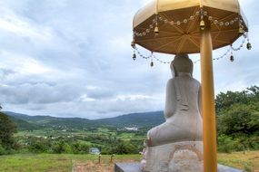 buddha statue under umbrella near green trees