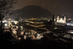 Franciscan Church in city at night, Austria, salzburg