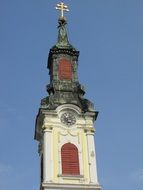 aged church tower at sky, romania, transylvania, arad
