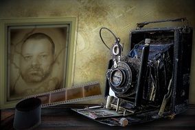 framed photo, retro camera and roll film