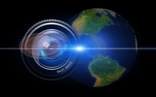 camera lens on the background of the globe