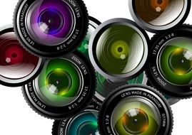 many differently colored camera lenses in a pile