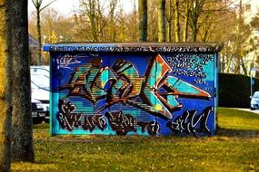 colorful graffiti on transformer booth wall among the park