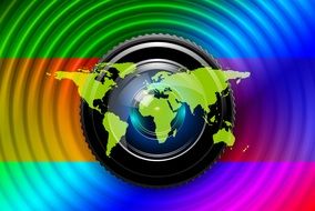 colorful lens of camera with continents