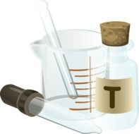 drawn pipette, bottle with cork, glass vessel in a chemistry laboratory