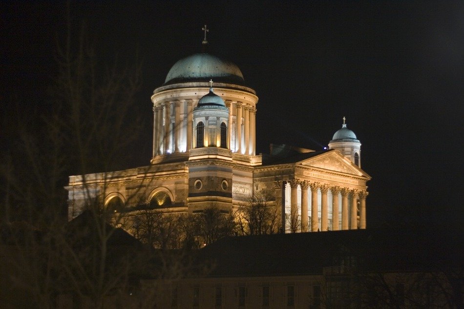 Primatial Basilica of the Blessed Virgin Mary Assumed Into Heaven and St Adalbert at night, hungary, esztergom basilica church