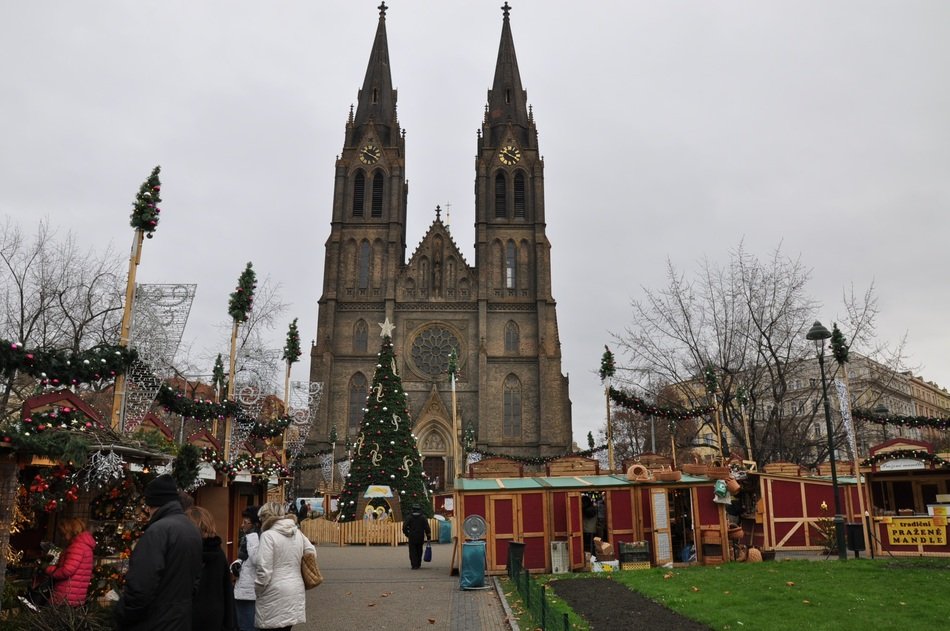 Christmas market in front of the church in Prague