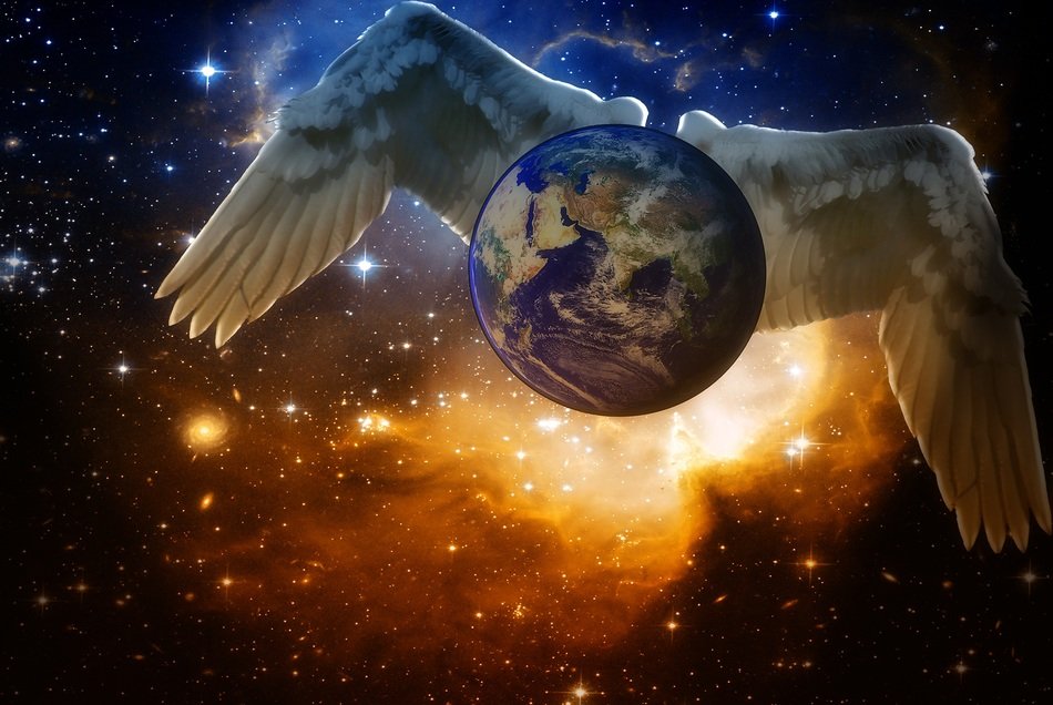 mystical image of the Earth with wings in the galaxy