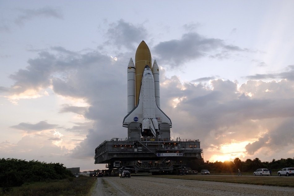 landscape of the Atlantis spacecraft on the platform at the sunset