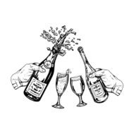 bottle of champagne and wine in hand glasses